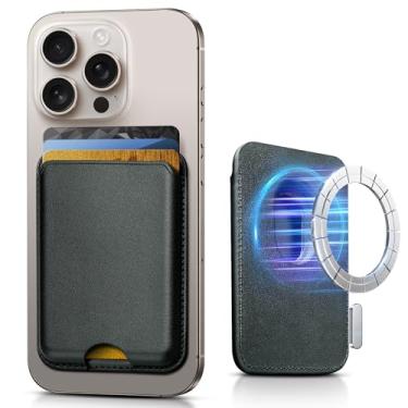 Imagem de SOUNDBYTE Carteira magnética mais forte para iPhone 16/15/14/13/12 e para capas MagSafe | Suporte magnético de couro com bloqueio de RFID N52 com ímãs poderosos | Comporta 3 cartões | Verde escuro