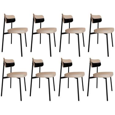 Imagem de Cadeira De Jantar Estofada Kit 8 Ella M25 Linho Areia/preto - Mpozenato