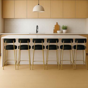 Imagem de Banqueta Cozinha Média com Encosto Industrial Dourado Kit 6 Londres PU Preto D03 - D'Rossi