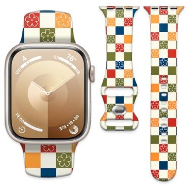 Imagem de Pulseiras esportivas compatíveis com Apple Watch séries 10 9 Ultra 8, 7, 6, 5, 4, 3, 2 e 1 de 42 mm, 44 mm, 45 mm, 46 mm e 49 mm, femininas e masculinas (flor de tabuleiro de xadrez colorido)