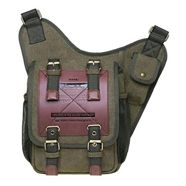 Imagem de Bolsa mensageiro masculina vintage de lona, ombro e couro, patchwork, bolsa mensageiro, Verde militar, M
