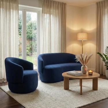 Imagem de Conjunto de Poltrona + Namoradeira Decorativa Sala Estar Orgânica Beatriz Boucle Azul Marinho - Montanaris Decor