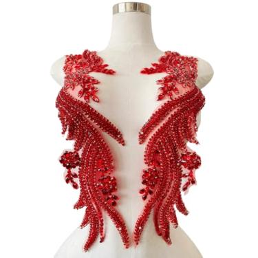 Imagem de Jpumley.pksn Apliques de renda de strass feitos à mão costurados em miçangas para acessórios de roupas de vestido 1 par/bolsa 14 x 20 cm (vermelho)