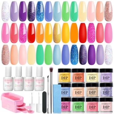 Imagem de AZUREBEAUTY 31 Pcs Dip Powder Nail Kit Starter, Spring Summer 20 Colors Glitter Neon Pink Blue Green Dipping Powder Liquid Set with Top/Base Coat Activator for French Nail Art Manicure DIY Salon Gift