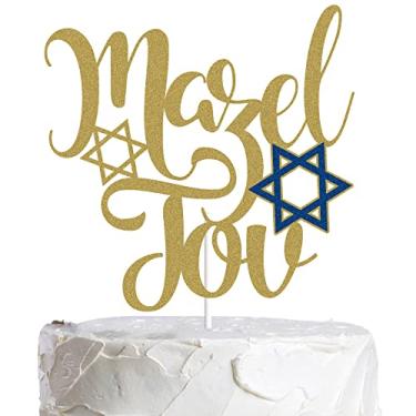 Imagem de Mazel Tov Topper Bolo Dourado Glitter Aniversário Judaico Chanucá Decoração de Bolo de Férias Hebraico Parabéns Hanukkah Estrela de Davi Artigos de Festa