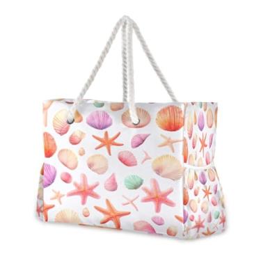 Imagem de Wassud Bolsa de praia com concha de estrela do mar, grande, para mulheres, impermeável, à prova de areia, bolsa de viagem com zíper e bolso para piscina, academia, acampamento
