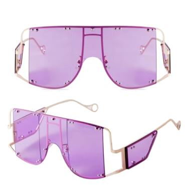 Imagem de HCHES Óculos de Sol Femininos de Luxo Oversized com Rebites Metálicos e Lentes Espelhadas Coloridas (3)