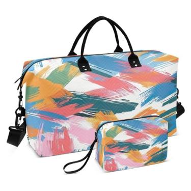 Imagem de Kigai Bolsas de viagem dobráveis com grafite colorido artístico, bolsas esportivas para homens e mulheres, bolsa de ginástica para noite de fim de semana com bolsa de higiene pessoal