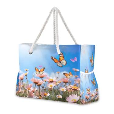 Imagem de Wassud Bolsa de praia azul céu grande bolsa de praia para mulheres, impermeável, à prova de areia, bolsa de viagem com zíper e bolso para piscina, academia, acampamento