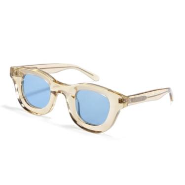 Imagem de JRLLFD Óculos de sol vintage artesanais de acetato, masculino, proteção UV400, feminino, armação redonda, masculino (amarelo, azul)