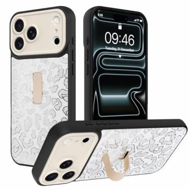 Imagem de AIGOMARA Capa para iPhone 17 Pro Max com suporte de alça de dedo design padrão leopardo TPU macio amortecedor rígido PC traseiro antiqueda à prova de choque capa protetora fina suporte - branca