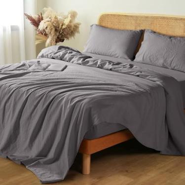 Imagem de Shilucheng Lençóis de linho 100% francês - Lençóis de cama king size, lençóis de linho puro respiráveis e refrescantes, macios, duráveis e resistentes a rasgos - Bolso profundo de 40,6 cm - 4 peças