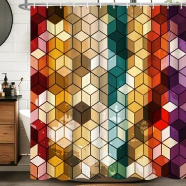Imagem de Velaequezii Cortina de chuveiro geométrica manchada retrô art déco cortina de banho impermeável tecido lavável decoração de banheira conjunto de cortina de chuveiro com ganchos 122 x 182 cm