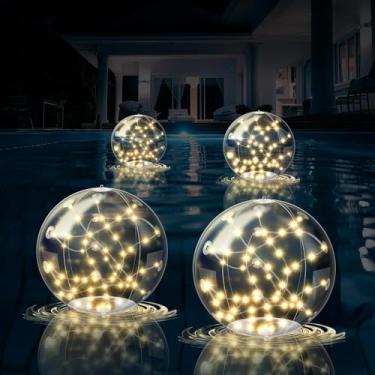 Imagem de Nowlaby 4 peças de luzes solares flutuantes para piscina, luz de piscina LED branca quente de 3000 K, IP68 à prova d'água, bolas iluminadas com controle remoto para piscina, praia, quintal, festa de