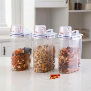 Imagem de Pote Hermético 2L com Tampa Hermética e Copo Medidor porta mantimentos bico dosador plástico livre de BPA organizador de cozinha ideal para grãos arroz ração (4)