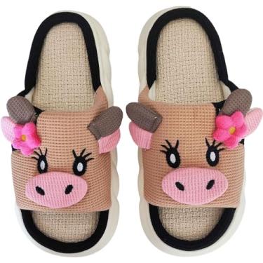 Imagem de Aucomfo Pantufas de vaca para mulheres e homens, para uso interno, ao ar livre, casa, quarto, pantufa, engraçado, coisas de vaca, presentes, Flor marrom, 7 Women/6 Men