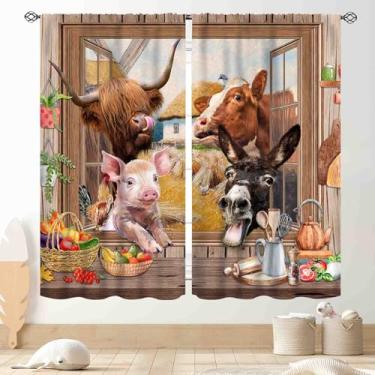 Imagem de Cortinas de cozinha de fazenda, animais rústicas de fazenda, galo, ovelha, burro, vaca highland, porco, aldeia, campo, outono, outono, janela, tratamentos para quarto, sala de estar, banheiro, 106,7 x