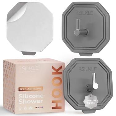 Imagem de SILKLE Ganchos de chuveiro adesivos de silicone - ganchos de parede adesivos e suporte de toalha para banheiro, azulejo, vidro, sem perfuração, à prova d'água e à prova de ferrugem, aço inoxidável