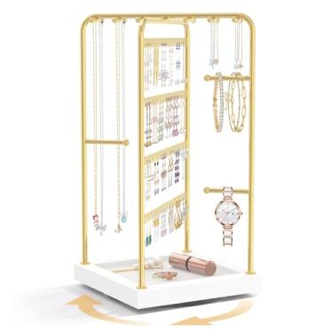 Imagem de EsLuker.ly Suporte organizador de colar de brinco, suporte de exibição de joias, suporte giratório de madeira para torre de brincos com 12 ganchos de colar para mulheres vendendo, árvore de