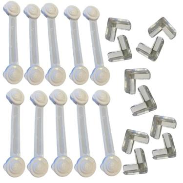 Imagem de Kit de Segurança para Bebê com 10 Protetores de Quina de Silicone para Móveis e 10 Travas de Porta, Transparente e Branco