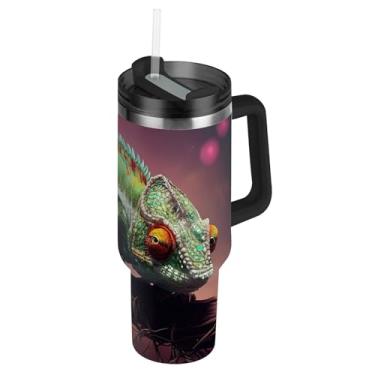 Imagem de Copos coloridos de ramo camaleão com tampa e canudo Garrafa de água de aço inoxidável com alça Garrafa de água grande de 1,134 g para copo de carro