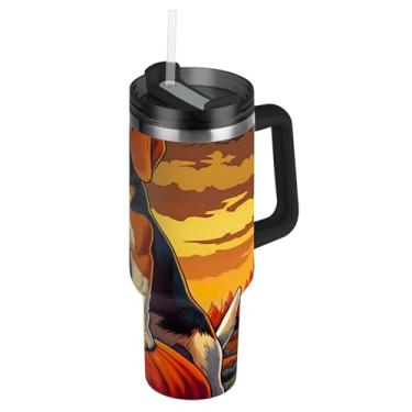 Imagem de Joisal Beagle Copos de Abóbora Halloween Outono com Tampas e Impressão de Palha Copo com Alça Garrafas de Água 1,134 g Isolado Aço Inoxidável Caneca de Café Quente para Carros