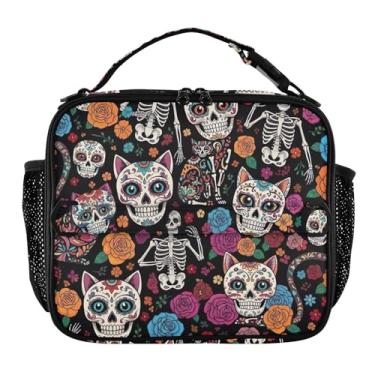 Imagem de Joisal Lancheira colorida com caveira, gatos, floral, preta, para mulheres, meninas, com alça de ombro, masculina, infantil, lancheira para trabalho, escola, linda bolsa térmica rosa