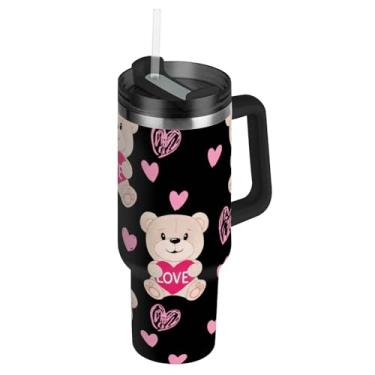 Imagem de Lindo ursinho de pelúcia rosa coração preto copos com tampas e canudos copo rosa com alça 850 g garrafa de água isolada aço inoxidável caneca de café quente para carro