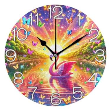 Imagem de GAIGEO Relógio de parede analógico decorativo escritório cozinha relógio redondo sem tique-taque silencioso, decoração de parede vintage sala de estar, desenho animado flamingo lago pôr do sol, 25 cm