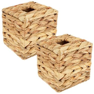 Imagem de KHZSPP 2 peças de porta-lenços de tecido, 15 x 15 x 15 cm, capa quadrada de caixa de lenços de vime, suporte de guardanapo facial portátil para cômoda de quarto, mesas, escritório, carro