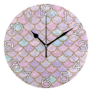 Imagem de Relógio de parede analógico decorativo quarto cozinha relógio moderno alimentado por bateria, sala de estar decoração de parede moderna, escamas de sereia rosa pastel, 25 cm, ponteiros dourados