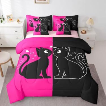 Imagem de Conjunto de edredom queen com gato preto fofo (rosa choque e preto) | Jogo de cama com gatos românticos para o dia dos namorados, 7 peças, conjunto de edredom kawaii com coração vermelho