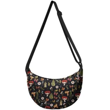 Imagem de Gemfit Bolsas transversais crescentes para mulheres - bolsas de ombro crescente de nylon médio para mulheres adolescentes e meninas, padrão exclusivo, Cogumelo preto