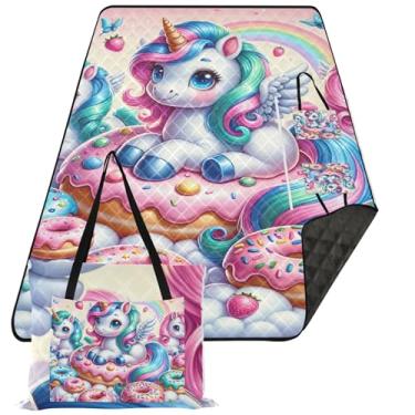 Imagem de TSENQUE Lindo unicórnios donuts tapete dobrável cobertor de piquenique tapete de praia livre de areia impermeável grande cobertores externos para grama 299.7 cm x 203.2 cm