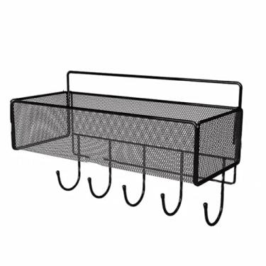 Imagem de LNQKJXIIA Boutiques US Suporte de caneca de café montado na parede com ganchos cesta de armazenamento, prateleira de exibição de metal para cozinha, escorredor de pratos de organização de despensa