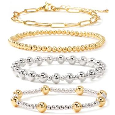 Imagem de SHINUS BOHO Conjunto de pulseiras femininas modernas banhadas a ouro 14 K, pérola, cristal, cruz, contas, clipe de papel, 4 peças, empilháveis, modernas, à prova d'água, joias elásticas, 7.0, Sem
