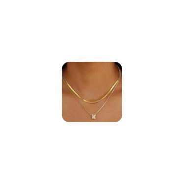 Imagem de KLSURPRISE2 Colar feminino com letra mini bolha – Colar delicado com inicial de zircão banhado a ouro 18 k manchado espinha de peixe em camadas para presente, Large, Cobre, Zircão