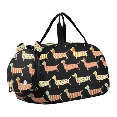 Imagem de Bolsa esportiva para meninos e crianças, clássica, vermelha, preta, branca, xadrez, para meninas, bolsa de viagem com compartimento para sapatos, Cachorro Dachshund amarelo laranja, Clássico