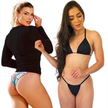 Imagem de Kit Camiseta Térmica Segunda Pele Feminina Biquini Fio Dental Cortinin