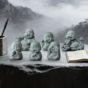 Imagem de Sintuff 6 peças de estátua de Buda rindo decoração pequeno monge zen arenito buda escultura pequeno monge zen estátua de oração ornamento para riqueza boa sorte Feng Shui decoração fofa para mesa de