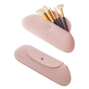 Imagem de Suporte de escova de maquiagem de silicone, bolsa de cosméticos de viagem, suporte de pincéis de rosto macio portátil com fecho magnético, estojo grande de pincéis de maquiagem para viagem, rosa