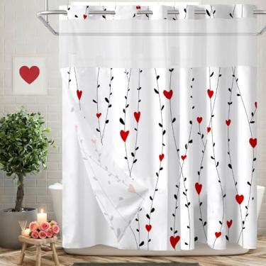 Imagem de MEHOFOND Cortina de chuveiro de dia dos namorados sem gancho com forro de encaixe preto geométrico listrado sem gancho cortina de chuveiro para banheiro vermelho coração doce decoração de banheira