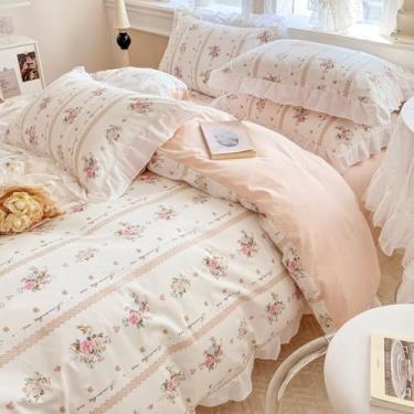 Imagem de AMZTOP Capas de edredom 100% algodão com franja e babados tamanho Queen, conjunto de cama de princesa, com fecho de zíper, 3 peças de capas de edredom estéticas românticas 222 x 232 cm, 1 capa de