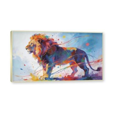 Imagem de NHLDZYH Moldura dourada. Arte abstrata de respingos de leão, pintura colorida de animais em tela, decoração de parede expressiva moderna para sala de estar ou escritório. A120. 75 x 135 cm - 29,5 x