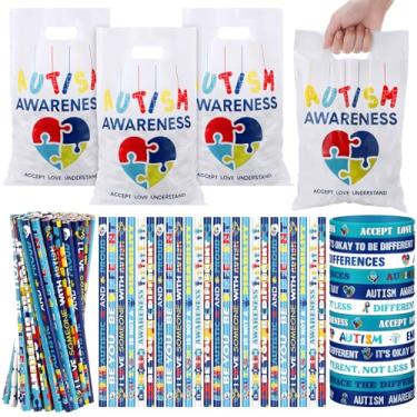 Imagem de Ireer 180 peças de acessórios para presente de conscientização do autismo, inclui 60 pulseiras de borracha para autismo, 60 sacos de guloseimas e 60 lápis de madeira para suprimentos de presente para