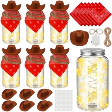 Imagem de LemonRoad 6 conjuntos de peças centrais de cowboy ocidentais para decoração de mesa de festa ocidental com luzes LED chapéu de feltro de caubói bandanas para decoração de mesa de aniversário, festa de