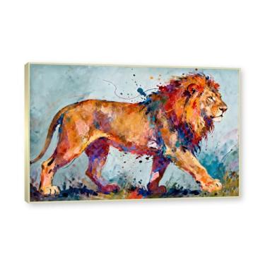 Imagem de NHLDZYH Moldura dourada. Arte abstrata de respingos de leão, pintura colorida de animais em tela, decoração de parede expressiva moderna para sala de estar ou escritório. A42. 30x45cm-11,8x17,7 pol.