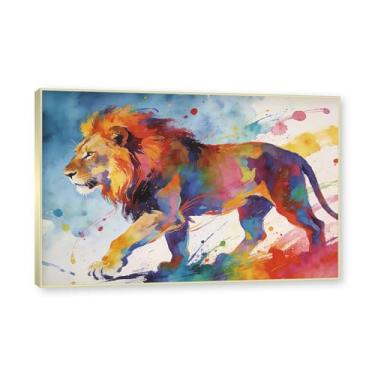 Imagem de NHLDZYH Moldura dourada. Quadro abstrato de leão - arte moderna com salpicos de cor vibrante - arte de parede energética para casa, escritório ou negócios - tela decorativa. A64. 30 x 45 cm.