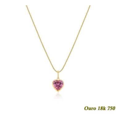 Imagem de Colar Feminino Veneziana Em Ouro 18k 750 50cm + Pingente Coração Rosa 