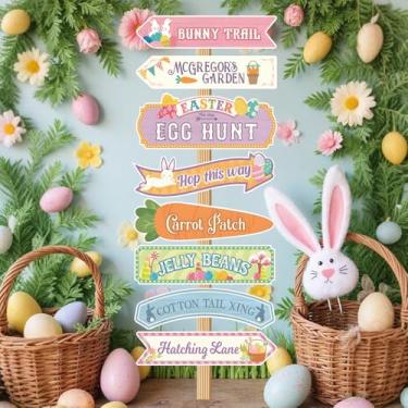 Imagem de 8 peças de decoração de placas de pátio de Páscoa, bonito coelho, cenoura, letreiro de papel direcional ao ar livre, placa de jogo de caça de páscoa para casa, gramado, jardim, foto, pano de fundo